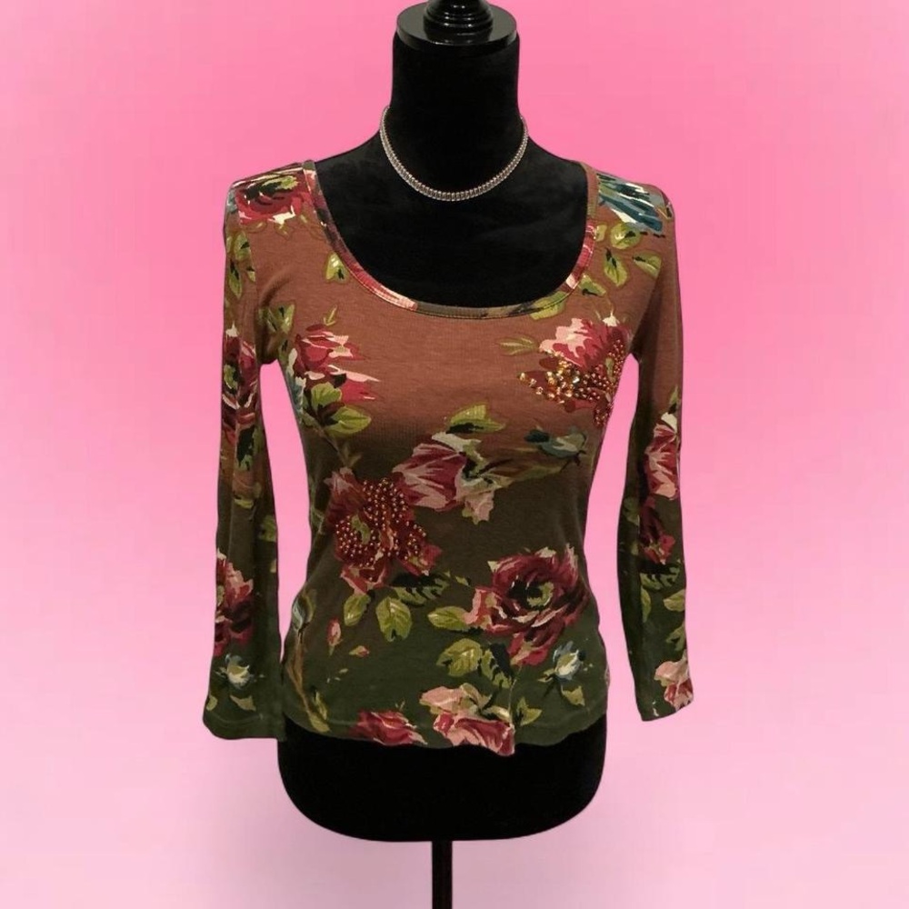 Forever 21 Floral Long Sleeve Top - Brown and Green